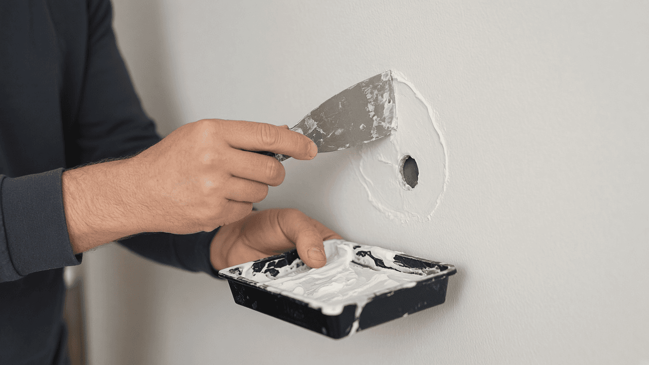 Drywall repair kit with patch mesh, joint compound and putty knife beside a wall hole