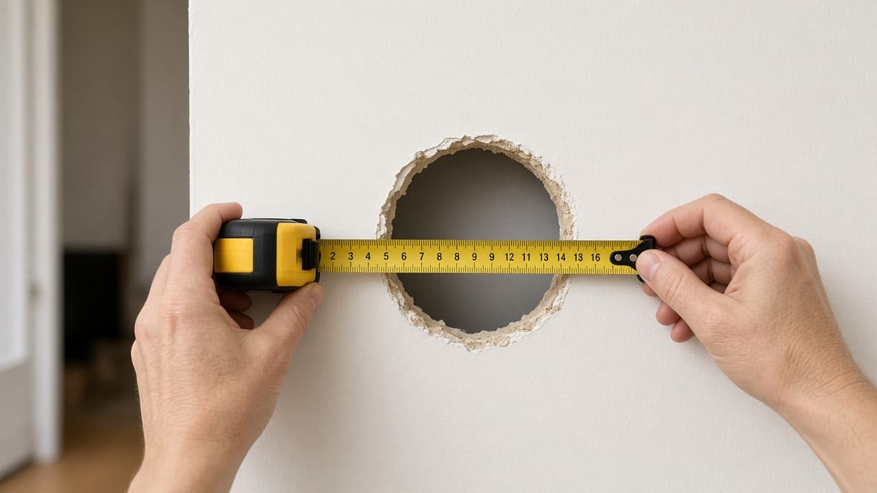 Tape measure across a drywall hole on a wall