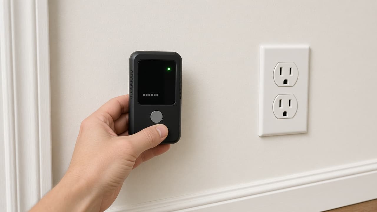 Stud finder scanning a wall near an electrical outlet