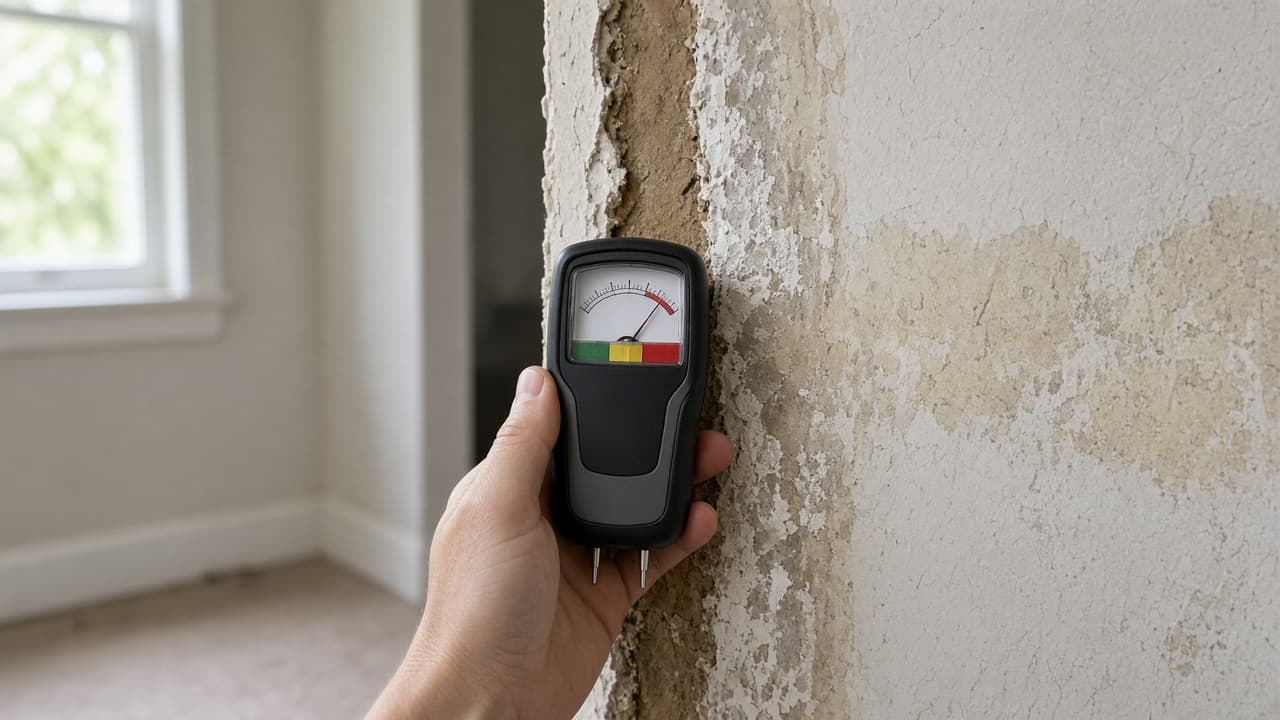 Damp drywall edge beside a moisture meter reading