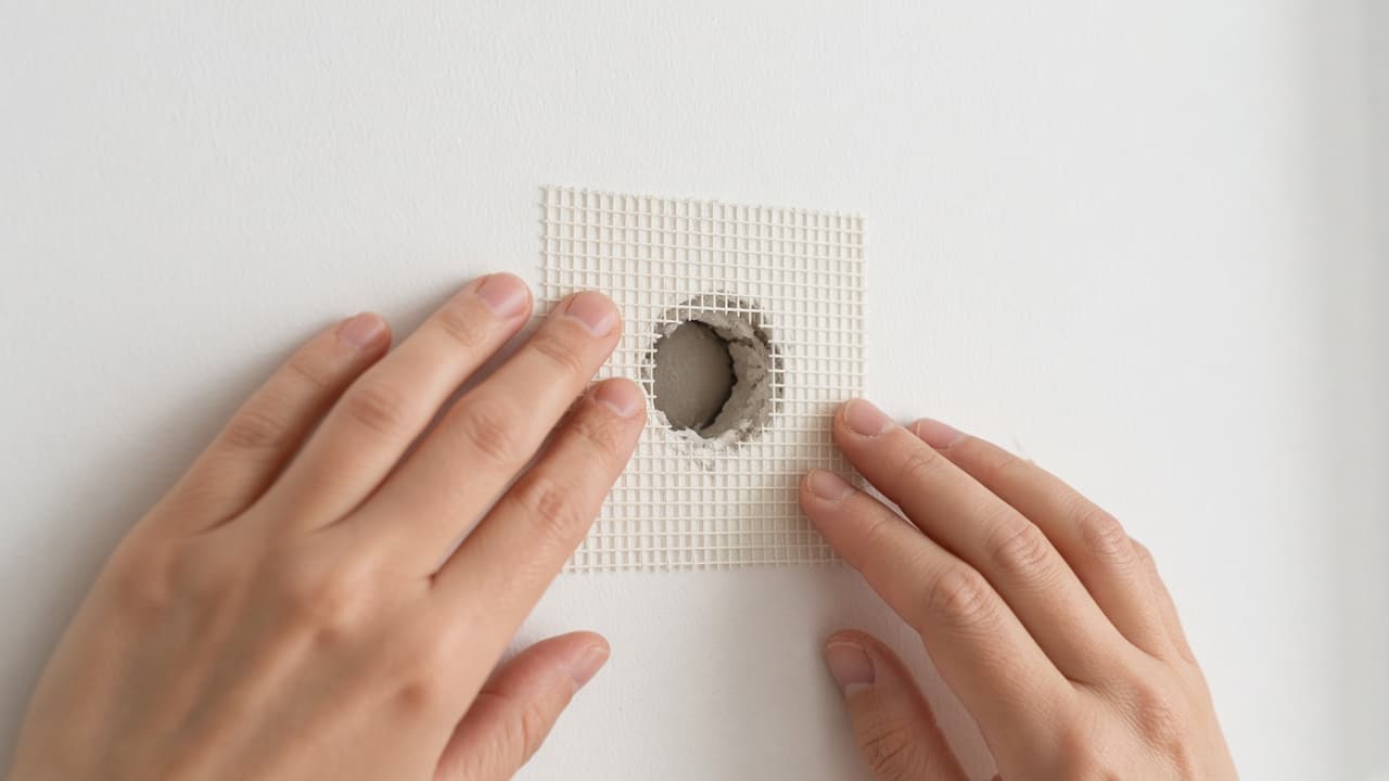 Adhesive mesh patch centered over a small drywall hole