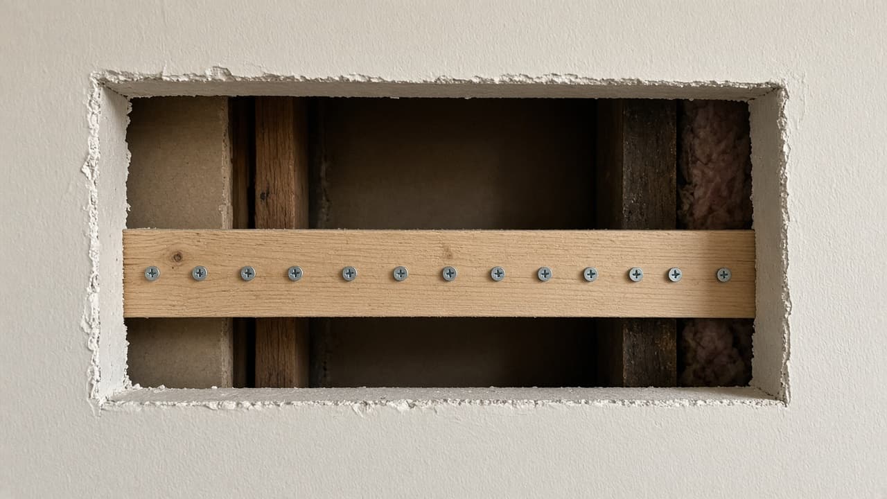 Drywall backer strip screwed inside a large wall opening