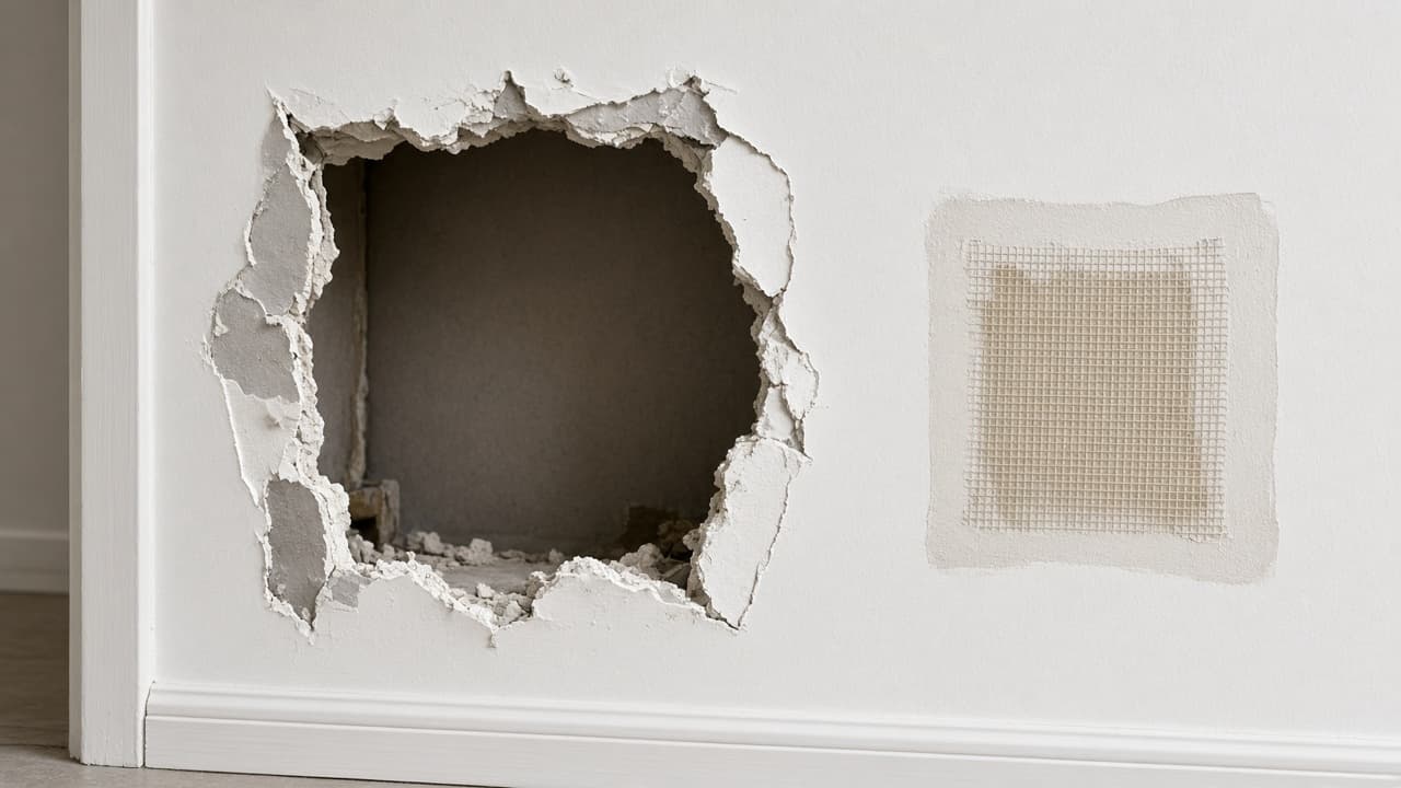 Oversized hole beside a patch that is too small