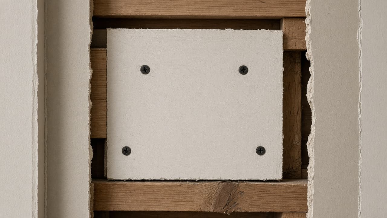 Drywall plug screwed to backer strips inside a wall