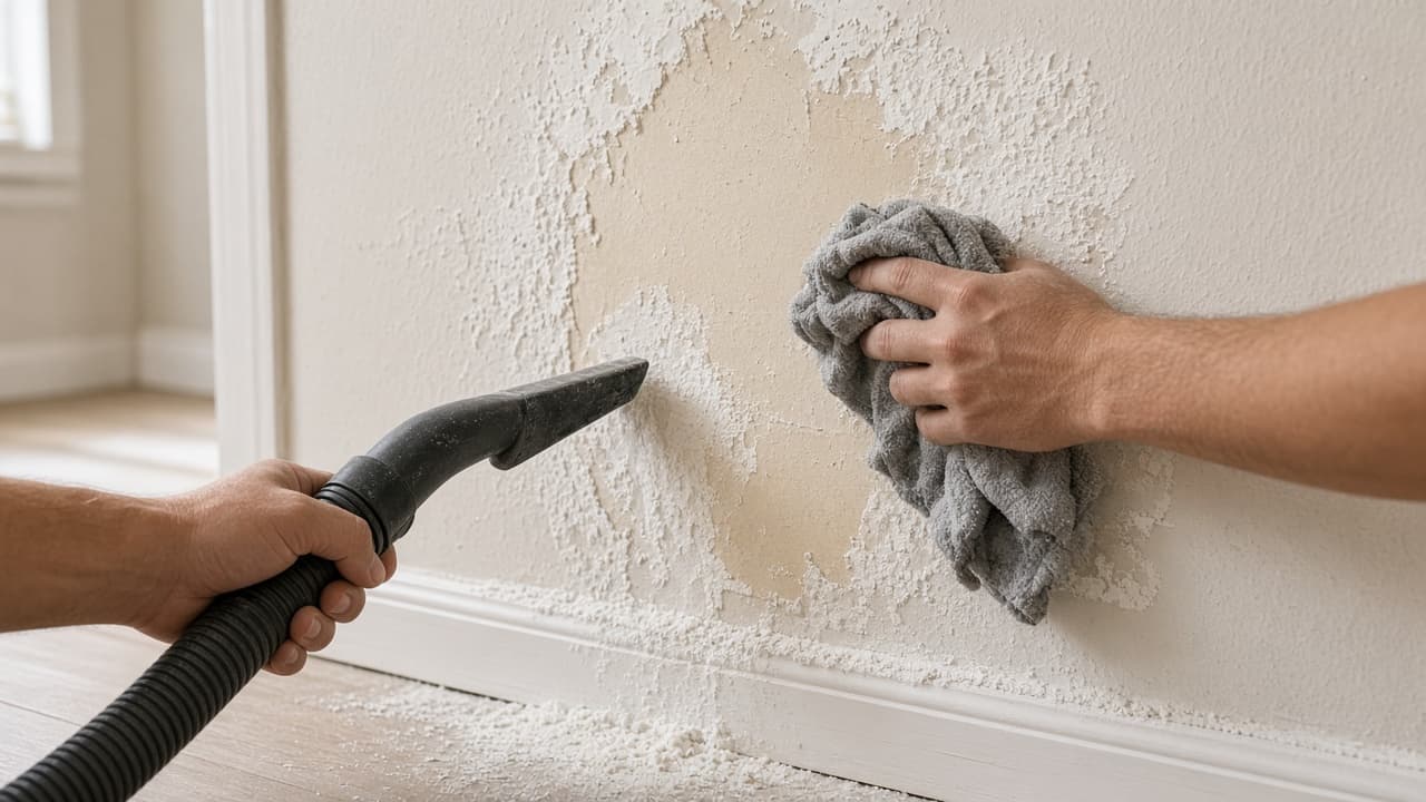Vacuum dust and wipe with a damp rag