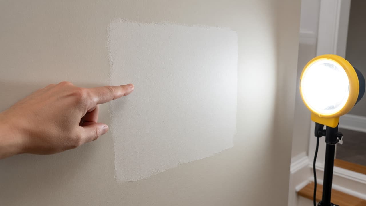 Hand feeling a sanded repair edge beside a work light