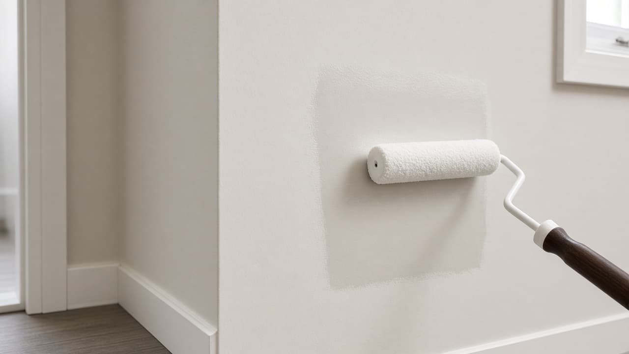 Paint roller applying a thin matching coat over a primed drywall repair