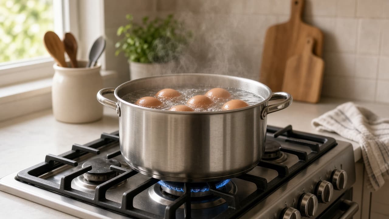 Halved hard-boiled eggs with bright yolks beside a bowl of ice water