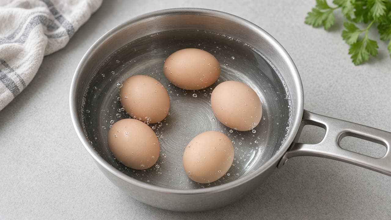 Eggs in a saucepan covered with cold water
