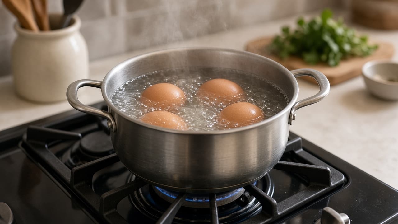 Saucepan of eggs at a gentle boil with small steady bubbles
