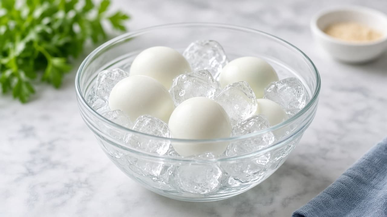 Eggs transferred with a spoon into a bowl of ice water