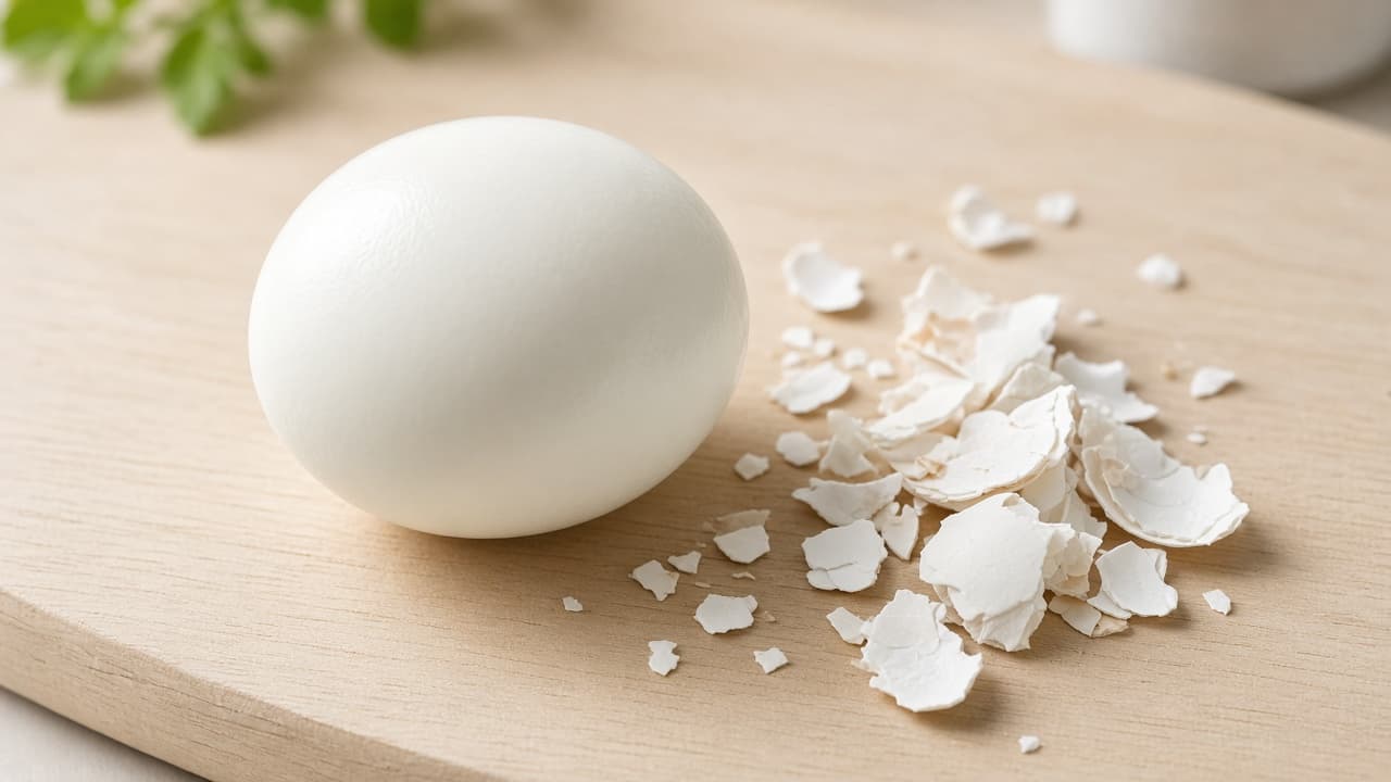 Hand peeling a hard-boiled egg from the wider end under water