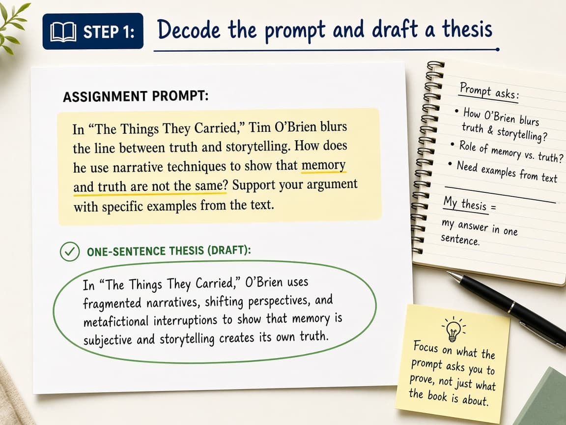 Assignment prompt highlighted with a one-sentence thesis beneath it