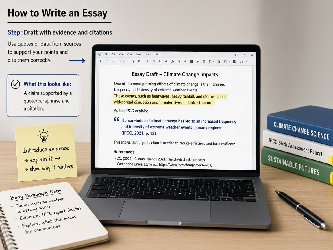 Essay draft on a laptop with a citation and quote integrated