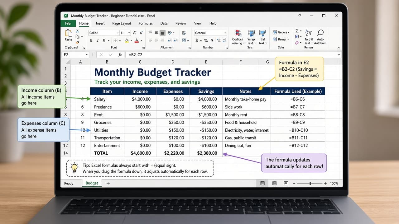 Laptop showing a simple Excel sheet with a SUM formula in the formula bar