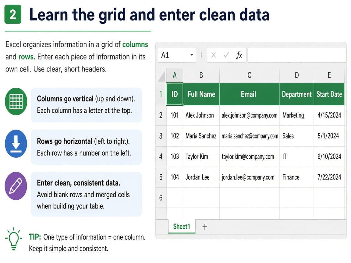 Spreadsheet with a header row and a few data rows filled in