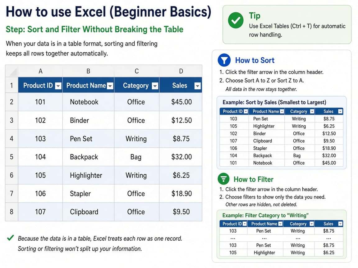 Excel table with filter arrows on the header row