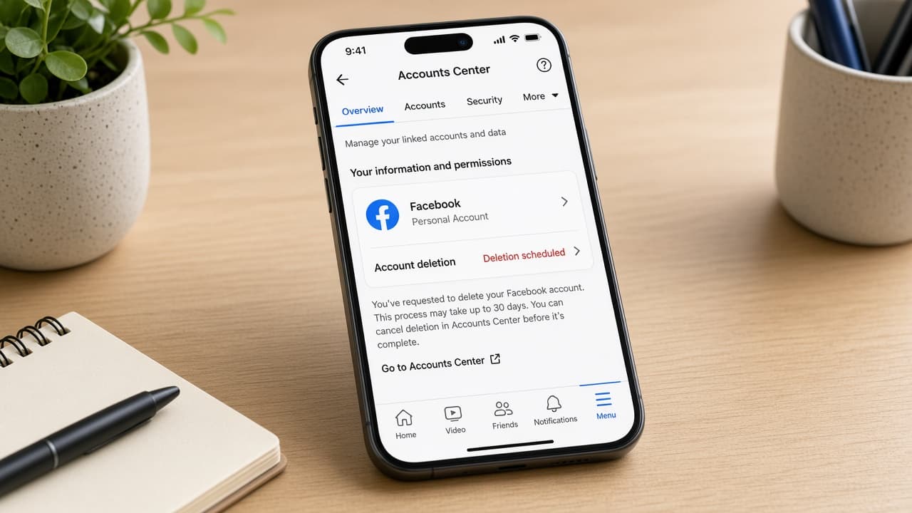 Laptop browser open to Facebook Settings with Accounts Center visible