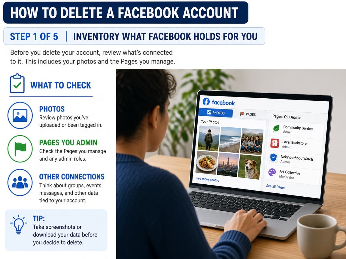Person reviewing Facebook photos and Page admin list on a laptop