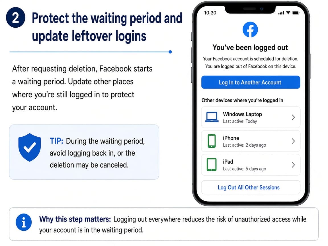 Phone showing Facebook logged out with other devices listed