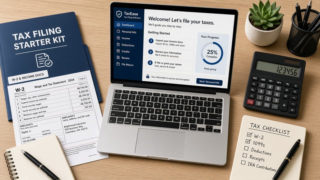 Organized folder of tax forms beside a laptop open to an official tax website