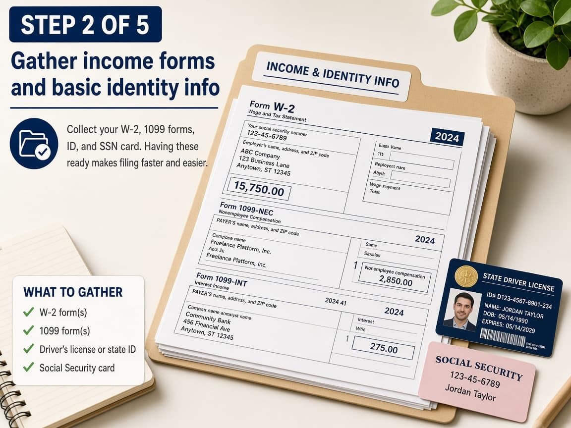 Stack of W-2 and 1099 forms in a labeled folder