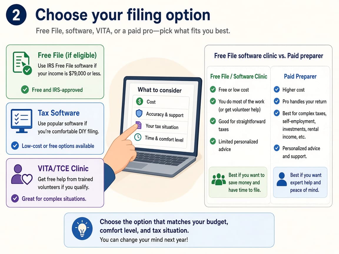 Decision card comparing Free File software clinic and paid preparer