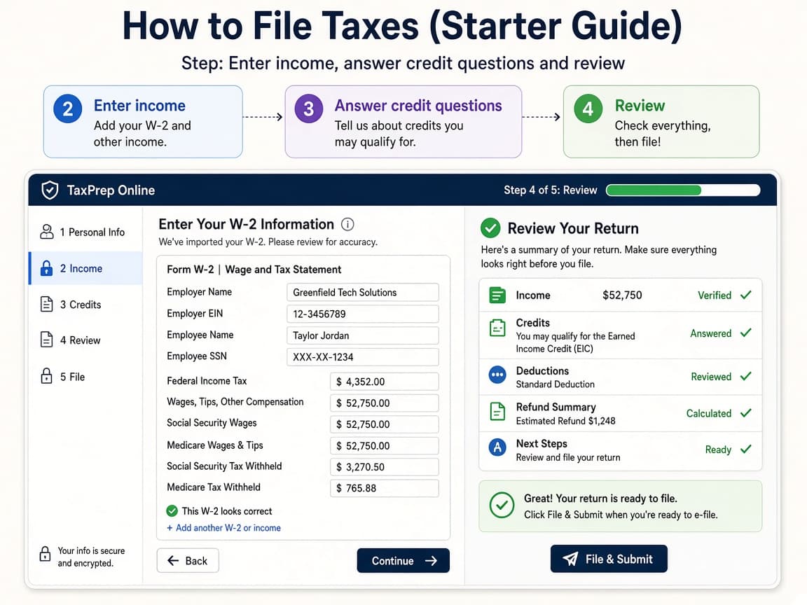 Tax software screen with W-2 fields filled and a review checklist