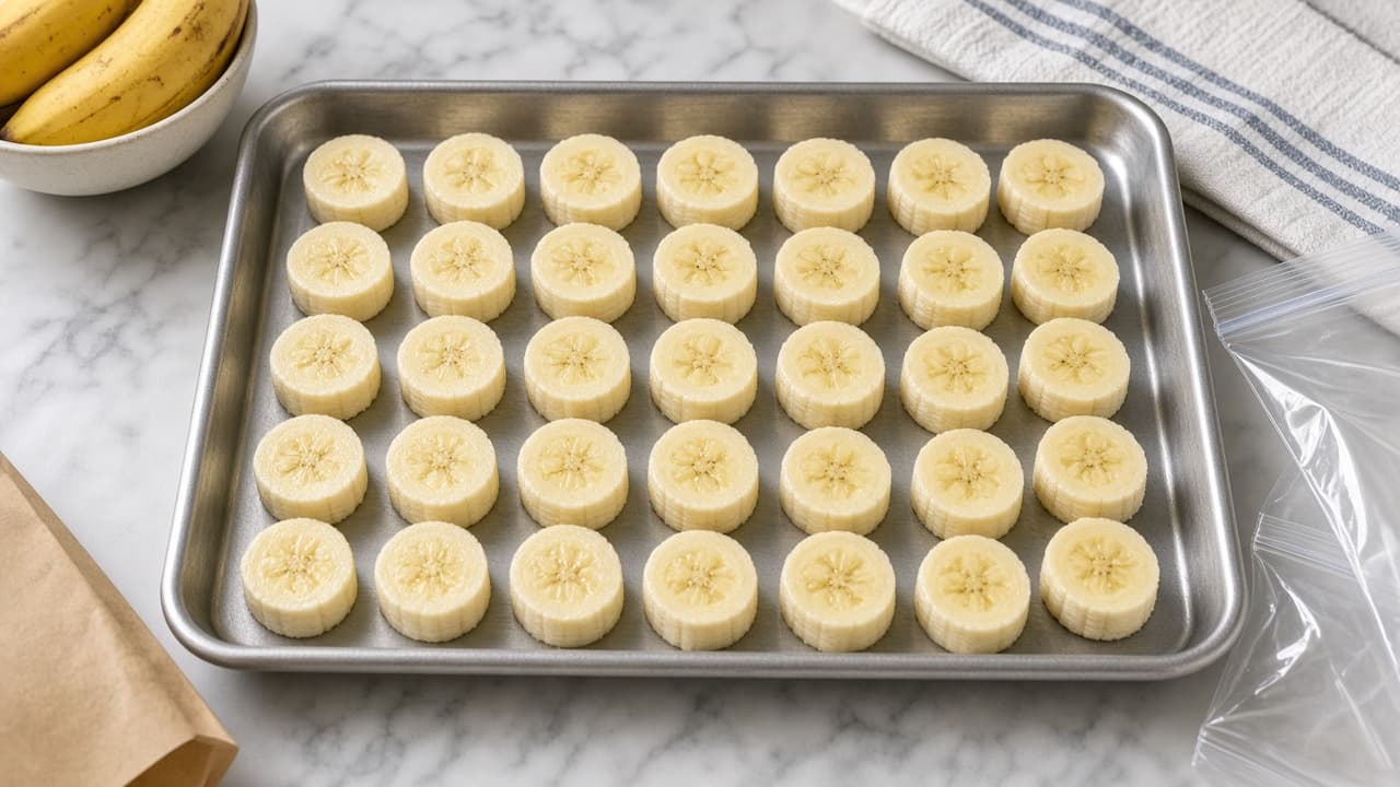 Frozen banana slices in a labeled freezer bag on a counter