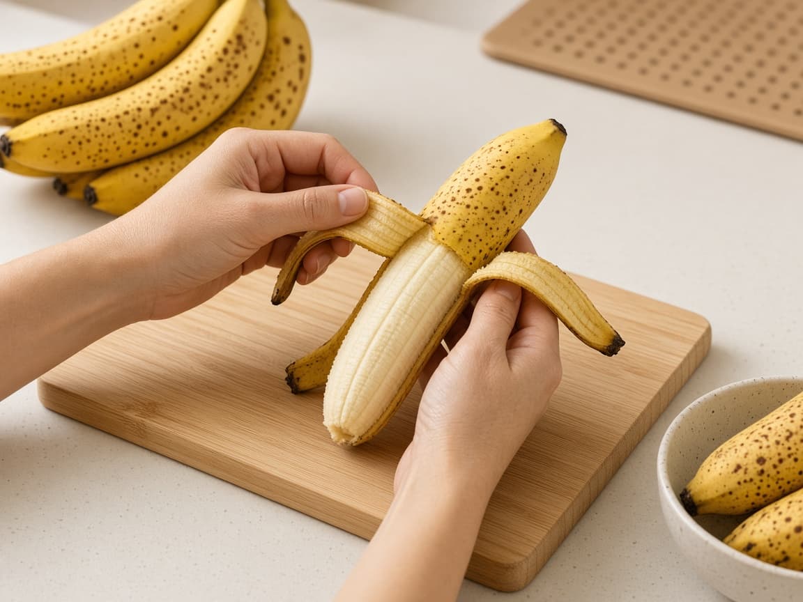 Ripe freckled bananas being peeled