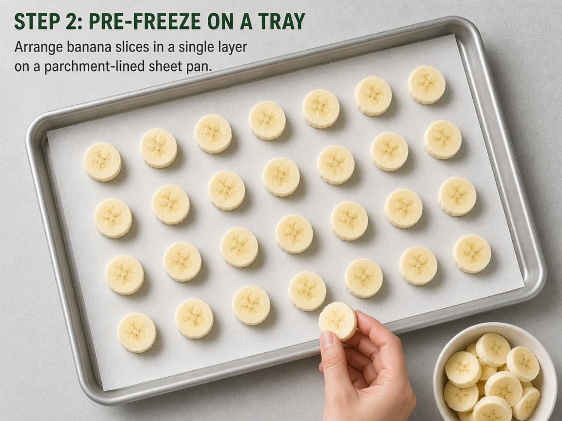 Banana slices spaced on a parchment-lined sheet pan