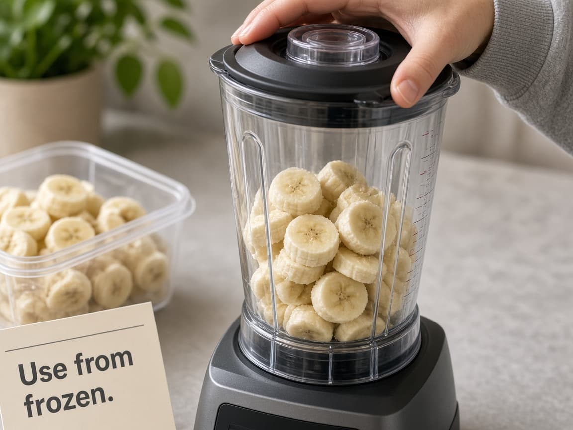 Frozen banana slices in a blender for a smoothie