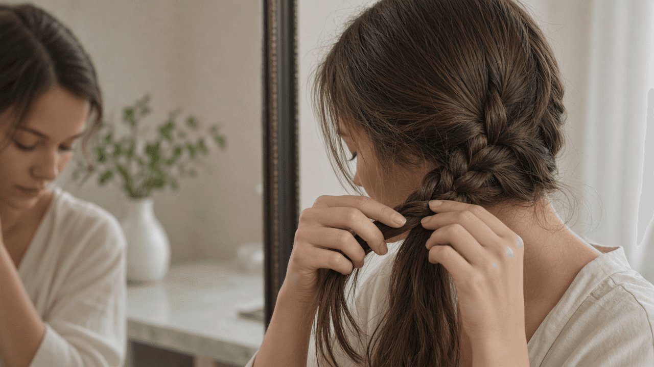 Hands weaving a French braid down the back of straight medium-length hair