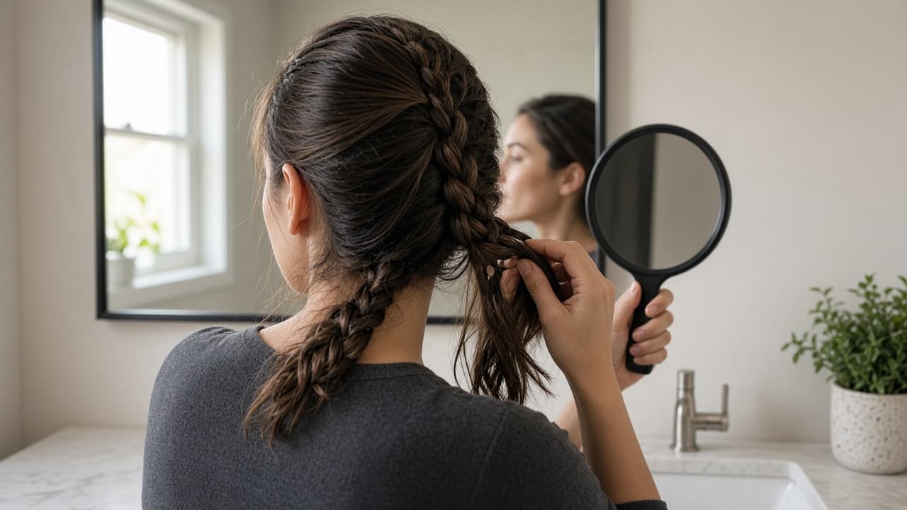 Person facing two mirrors prepared to French braid their own hair