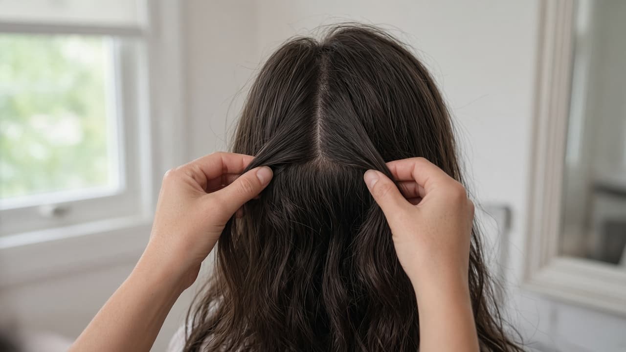 Centered crown section checked in a mirror before dividing into strands