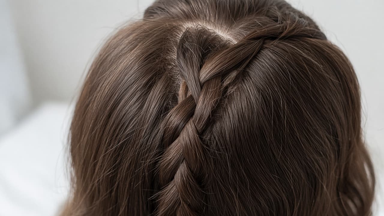 Right hair strand crossing over the center strand at the crown