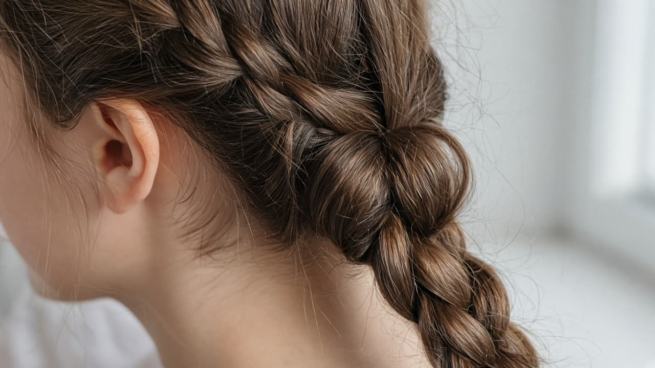 Oversized uneven hair pickup on one side of a French braid