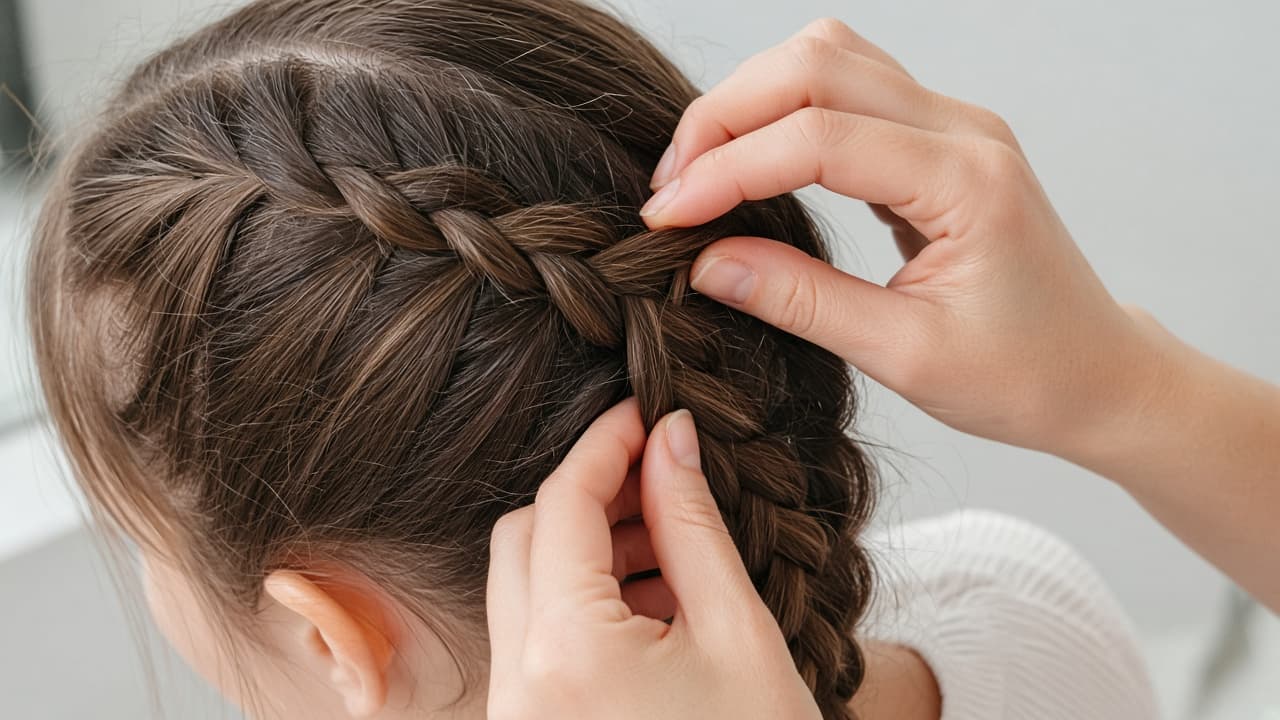 Fingers regripping three braid strands close to the scalp