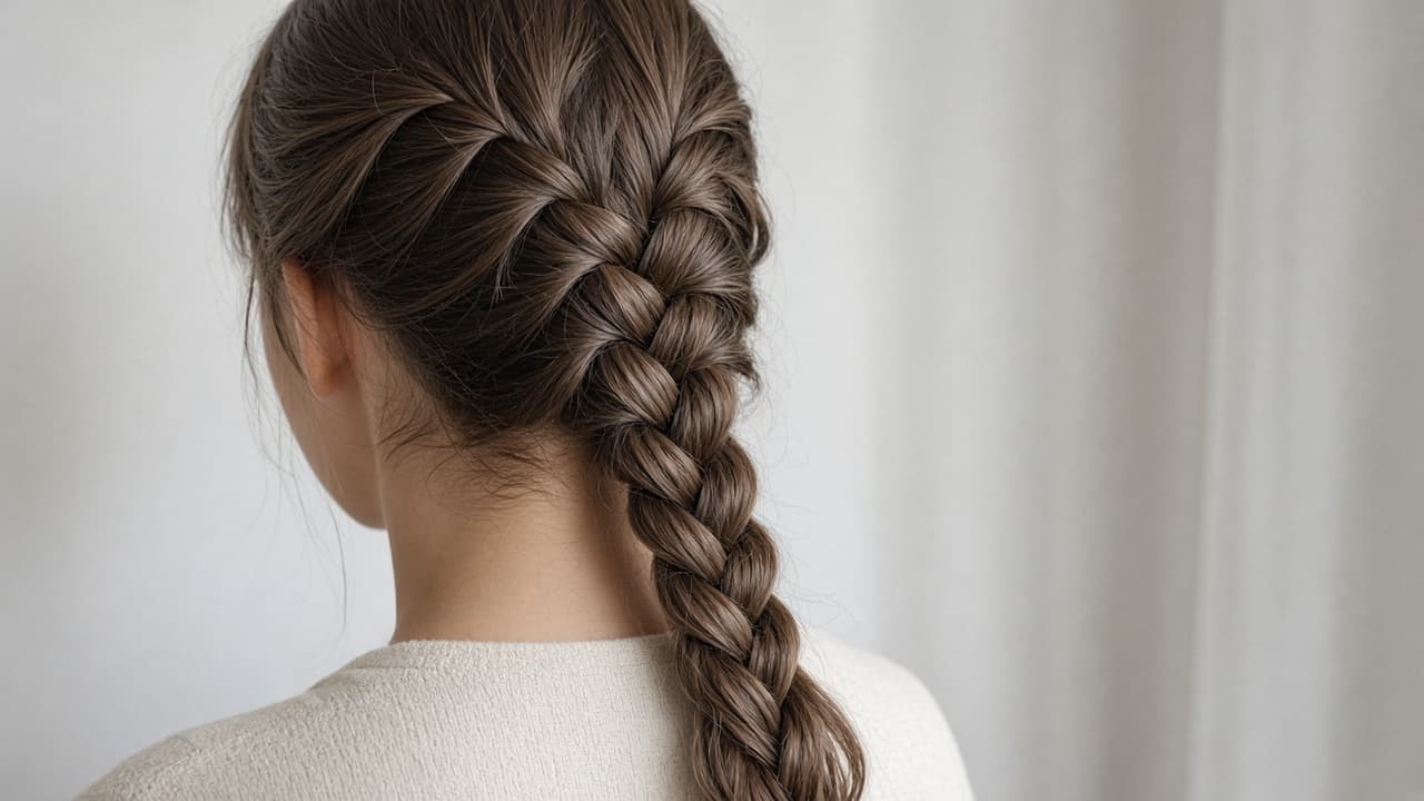 Plain three-strand braid continuing below the nape without new pickups