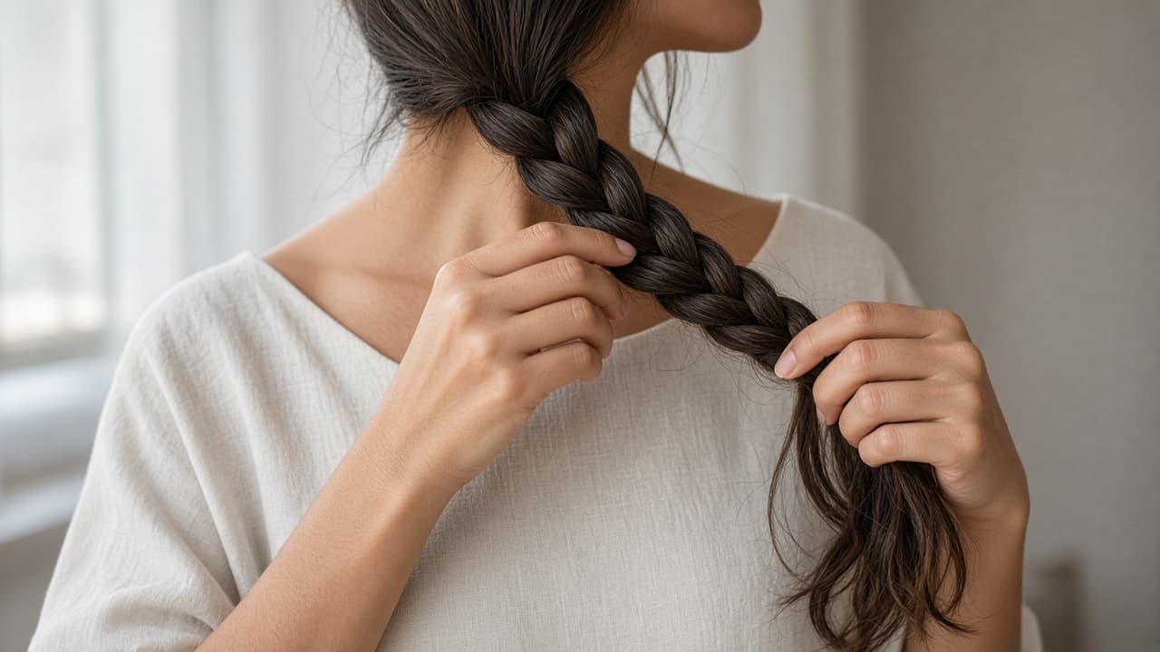 Braid tail brought over a shoulder with strand order preserved