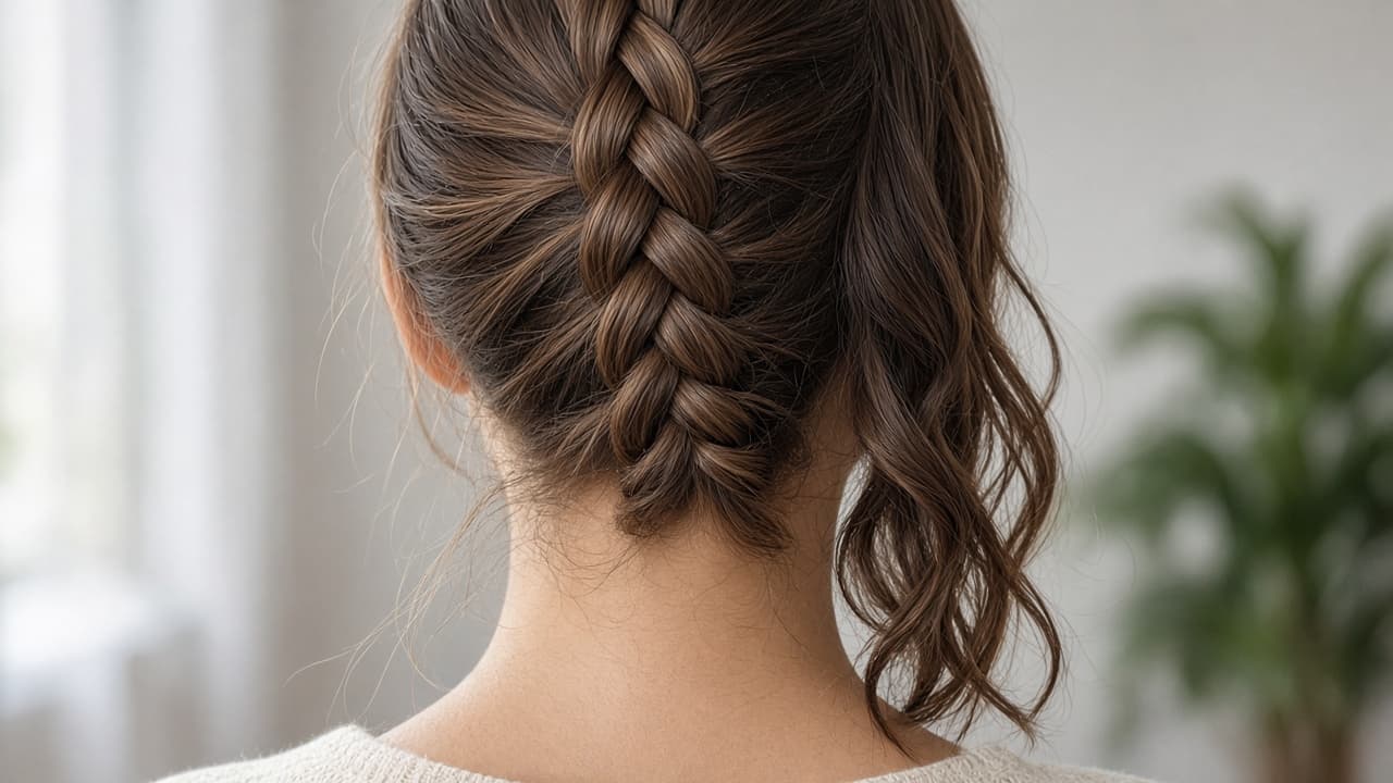 Forgotten loose panel at the nape beside an otherwise finished French braid