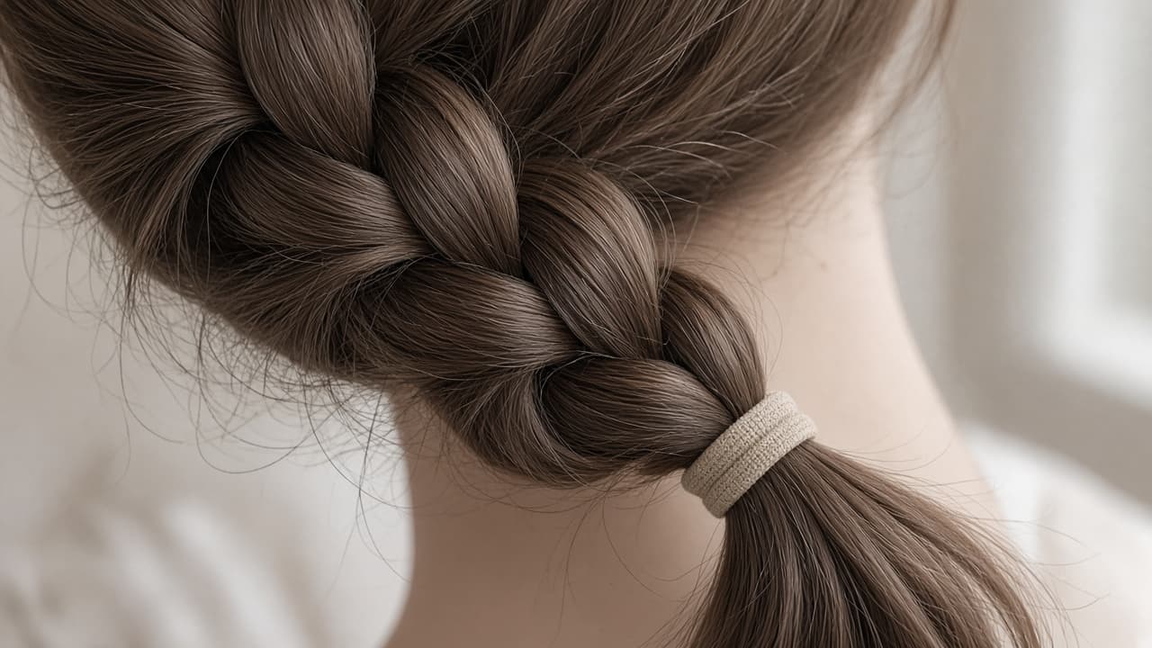 Fabric-covered elastic securing a braid tail without metal clasps