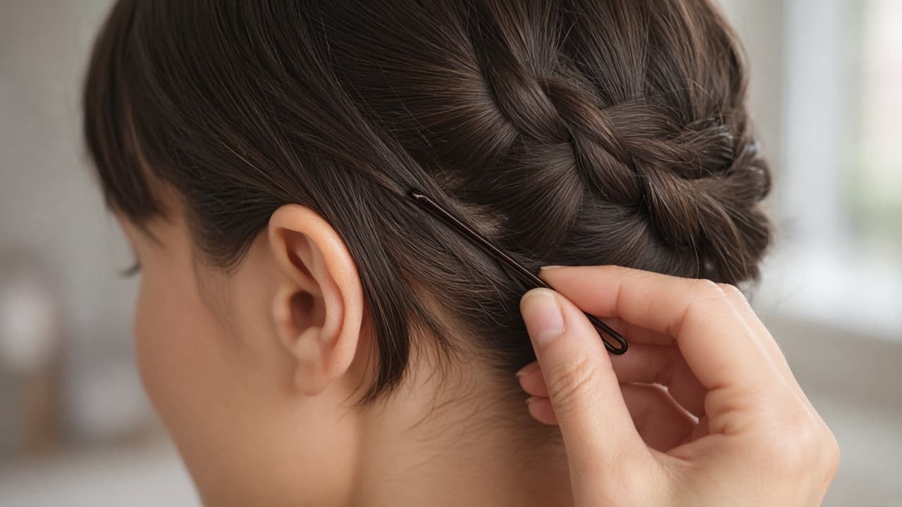 Bobby pin sliding along a short layer into a finished French braid