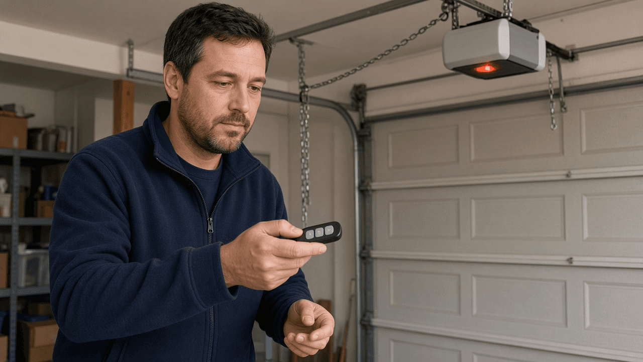 Garage door motor unit with learn button highlighted and remote in hand