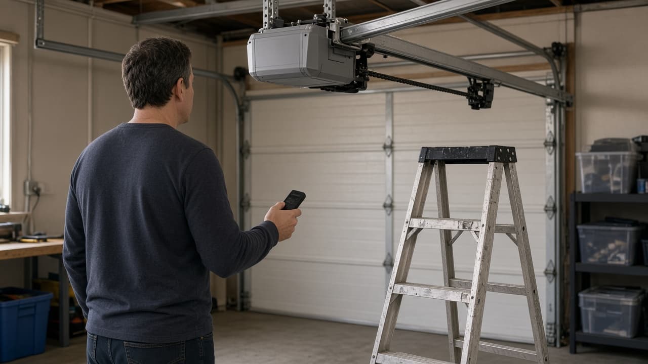 Person facing a stepladder under a garage motor with remote in hand
