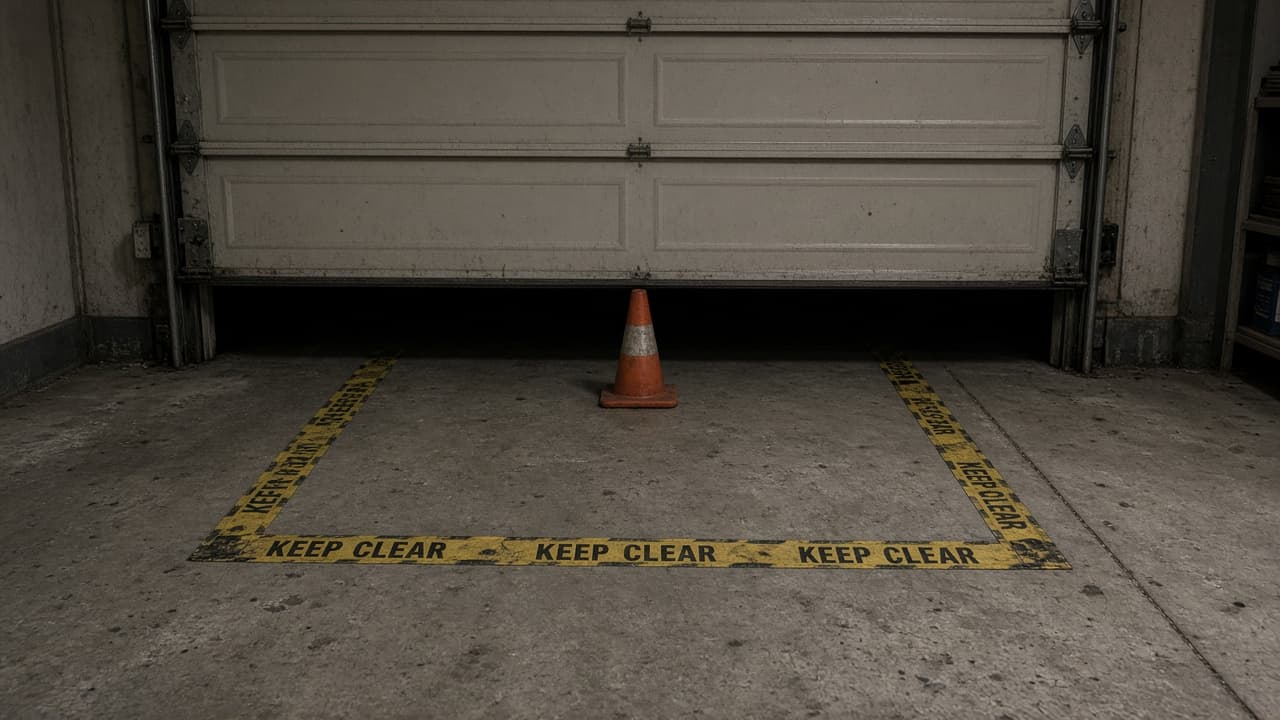 Unsafe spot under garage door marked keep clear during testing
