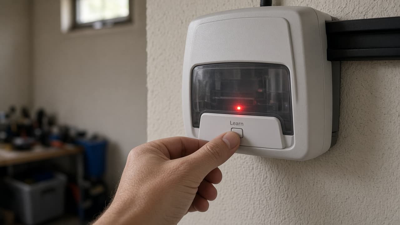 Hand holding learn button until indicator shows erase confirmation