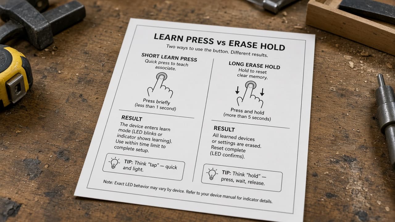 Manual page contrasting short learn press versus long erase hold