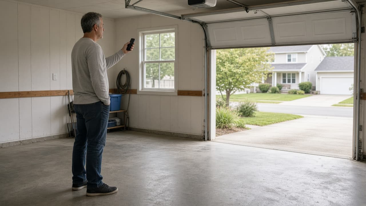 Person testing remote from inside garage while standing clear of door