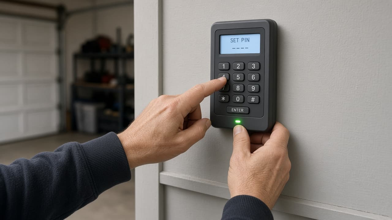 Hands setting a PIN on a wireless garage keypad